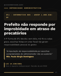 Fachada de prefeitura municipal representando decisão do STJ sobre improbidade administrativa e atraso de precatórios